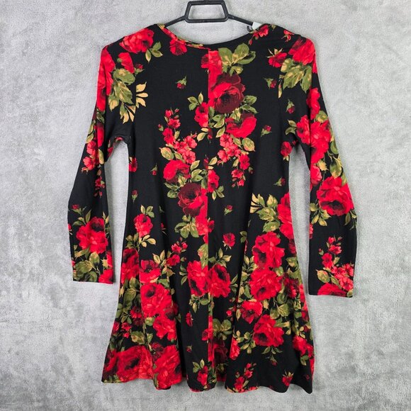 Womens French Atmosphere Black & Red Floral Print Dress Long Sleeve Polyester XL - Picture 4 of 7